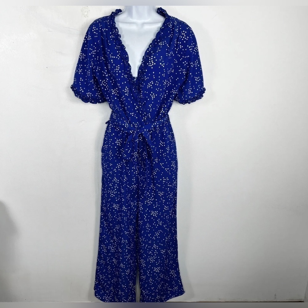 Fraiche By J Jumpsuit Sz M Royal Blue White Polka Dots Short Sleeve Wide…